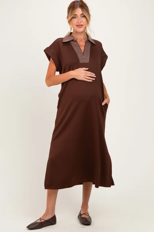 Brown Striped Collared Side Slit Maternity Midi Dress made by JODIFL