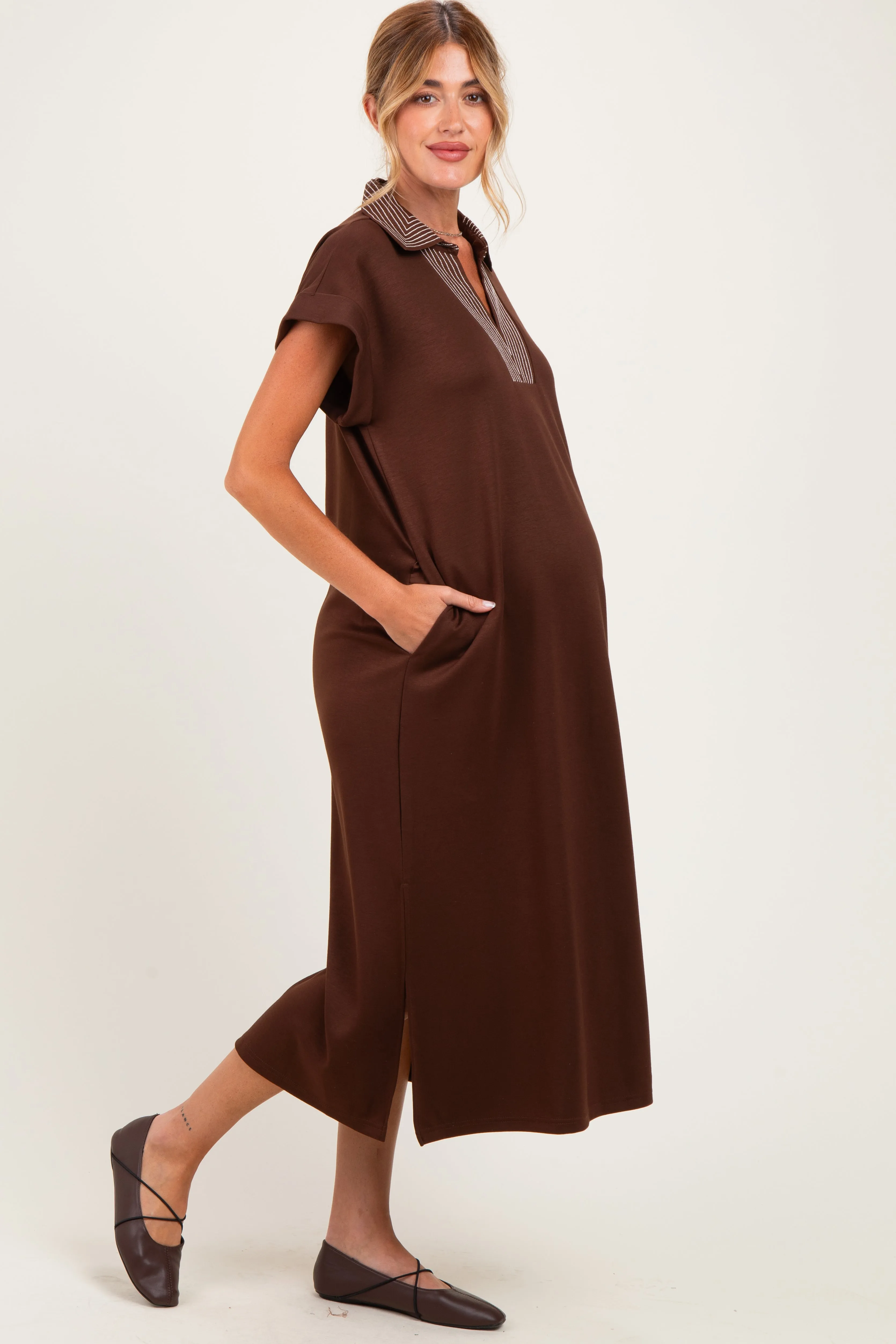 Brown Striped Collared Side Slit Maternity Midi Dress sold by Pinkblush product image thumbnail 2