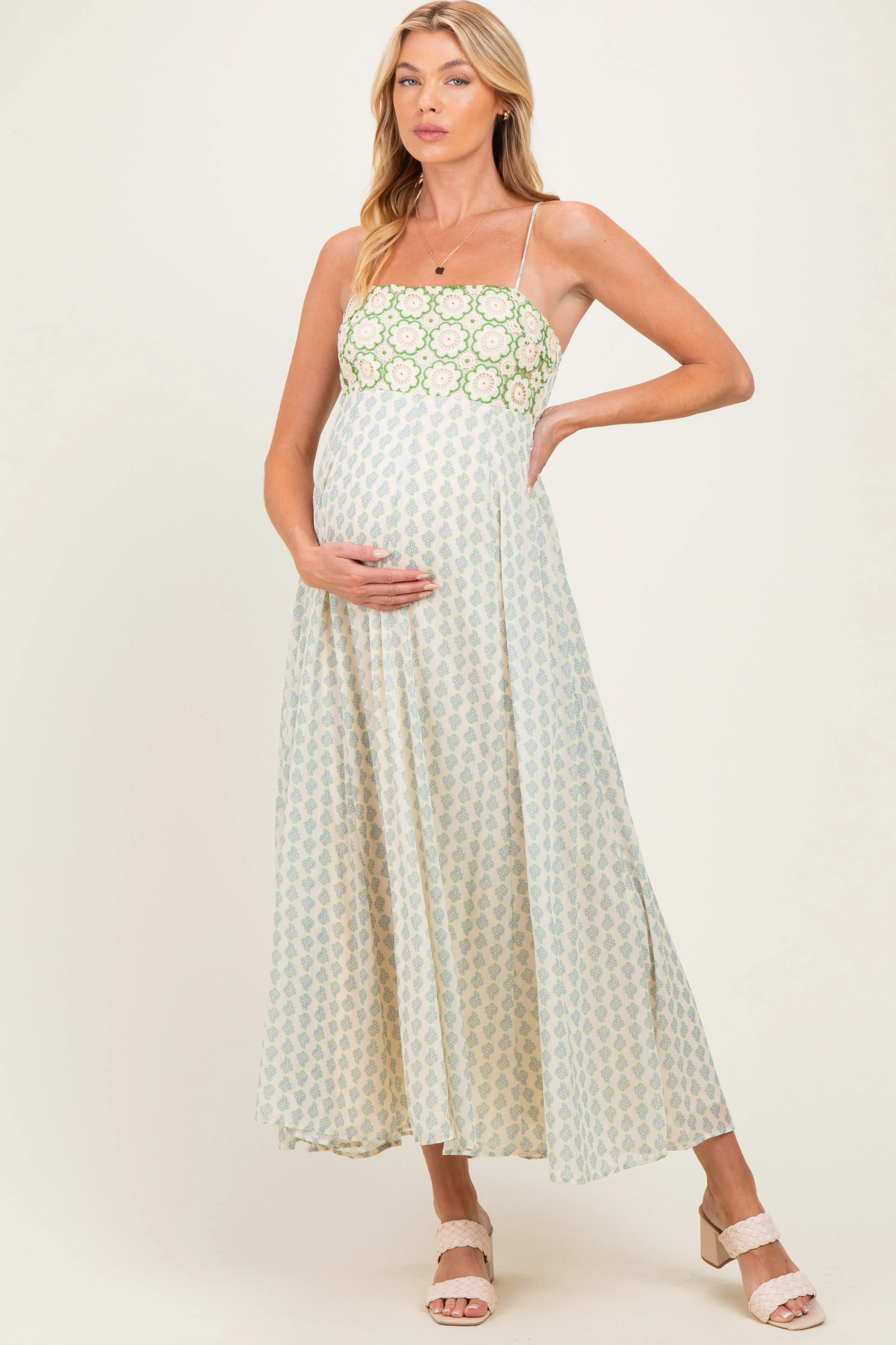 Green Floral Crochet Bodice Maternity Maxi Dress sold by Pinkblush product image thumbnail 2