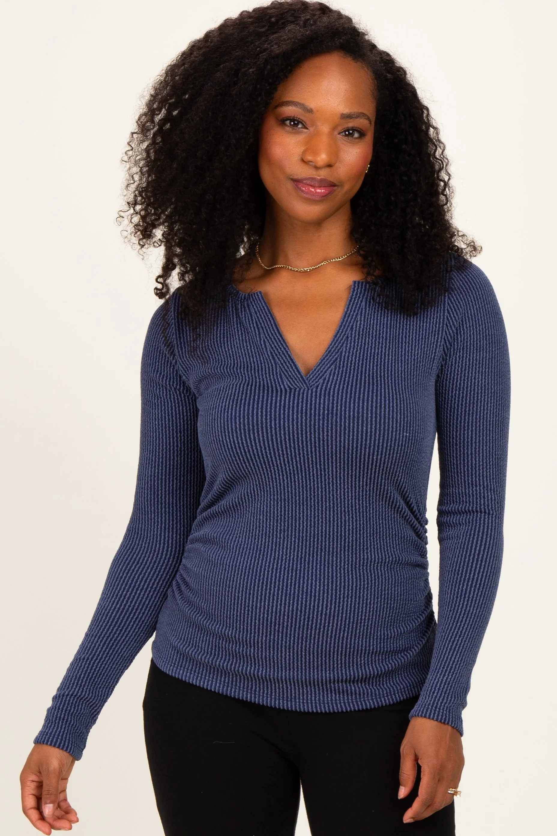 Navy Ribbed V-Neck Long Sleeve Maternity Top sold by Pinkblush product image thumbnail 5