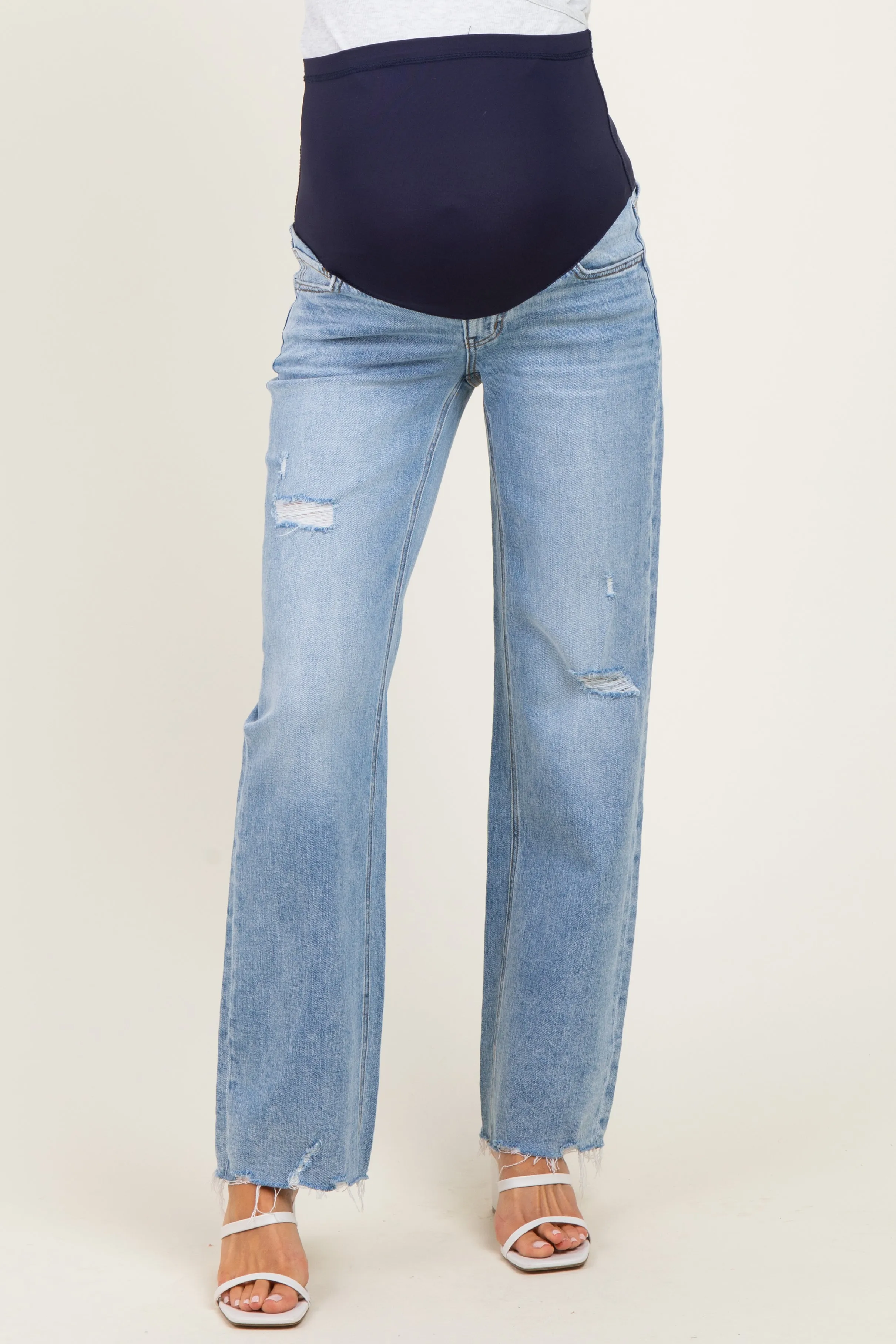 Light Blue Distressed Fringe Hem Wide Leg Maternity Jeans sold by Pinkblush product image thumbnail 2
