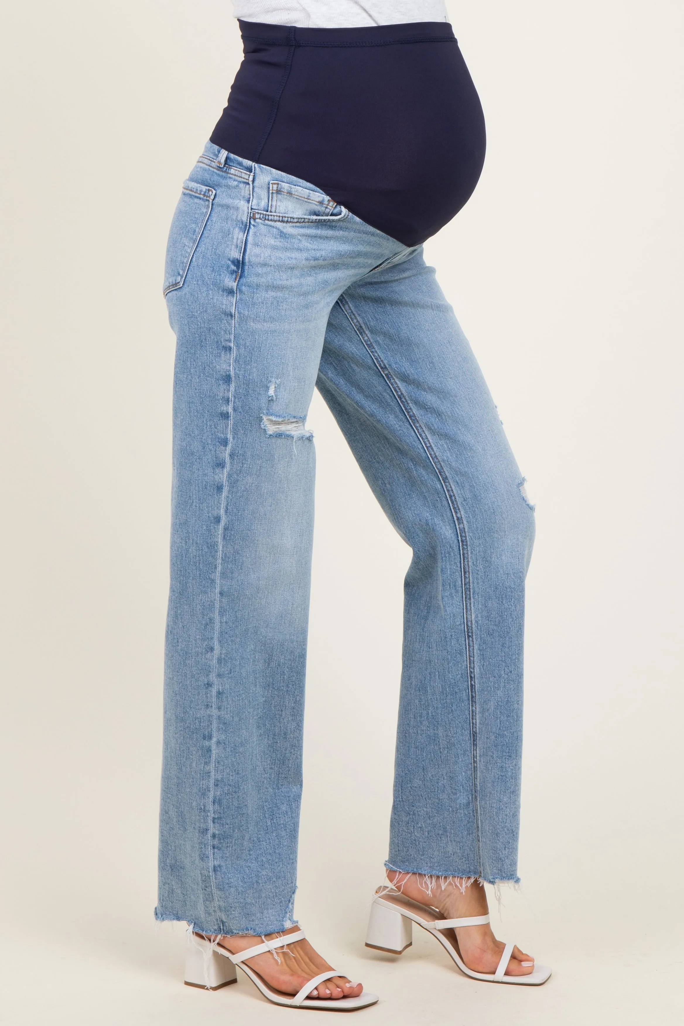 Light Blue Distressed Fringe Hem Wide Leg Maternity Jeans sold by Pinkblush product image thumbnail 3