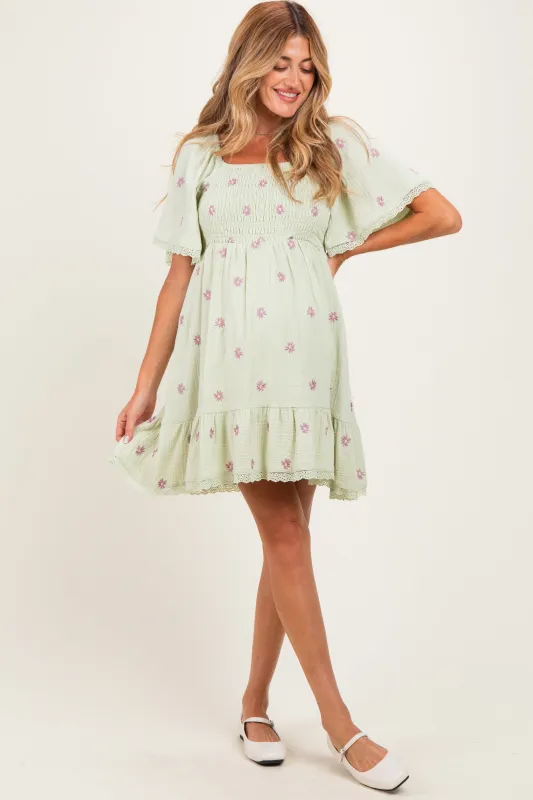 Mint Floral Embroidered Smocked Maternity Dress made by Jnna