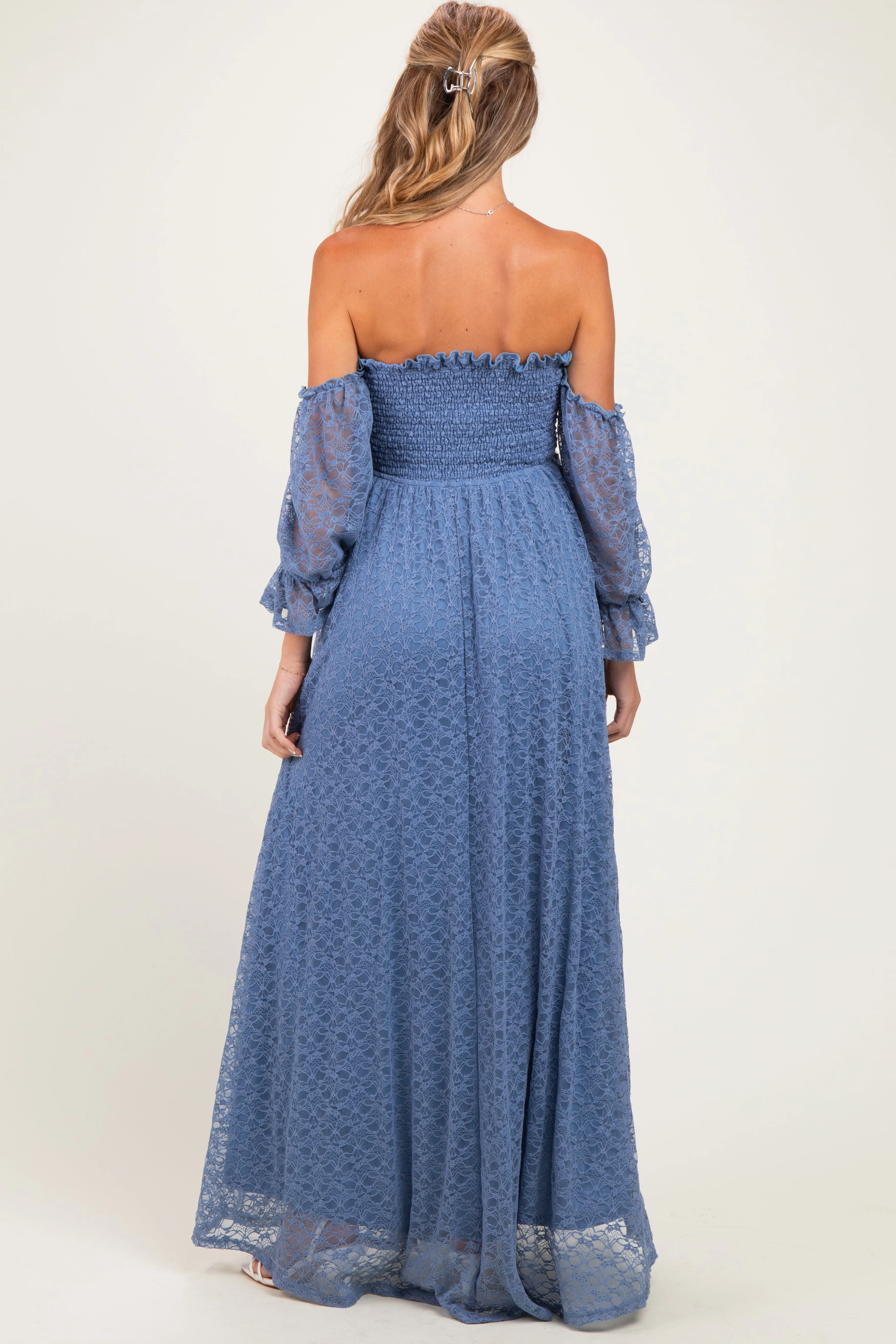 Light Blue Lace Off Shoulder Long Sleeve Maternity Dress sold by Pinkblush product image thumbnail 3