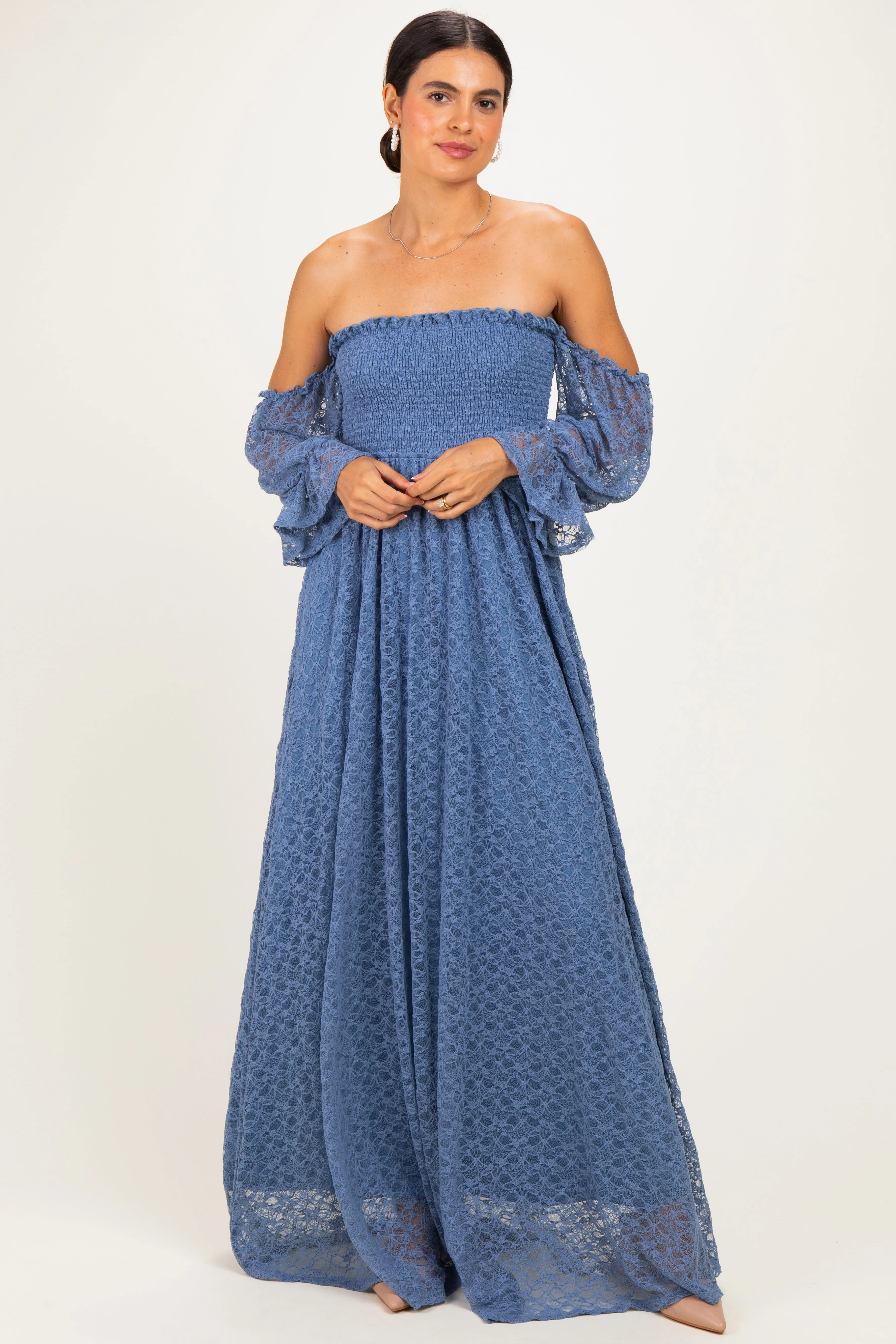 Light Blue Lace Off Shoulder Long Sleeve Maternity Dress sold by Pinkblush product image thumbnail 4