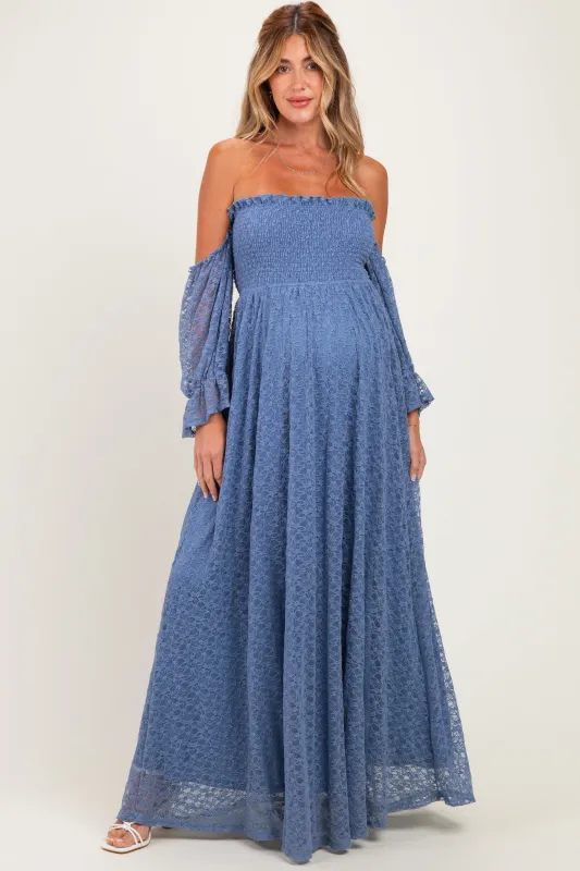 Light Blue Lace Off Shoulder Long Sleeve Maternity Dress made by Pinkblush