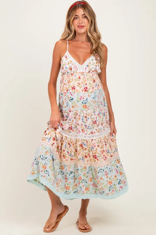 Multicolor Floral Colorblock Tiered Lace Trim Maternity Midi Dress made by Angie