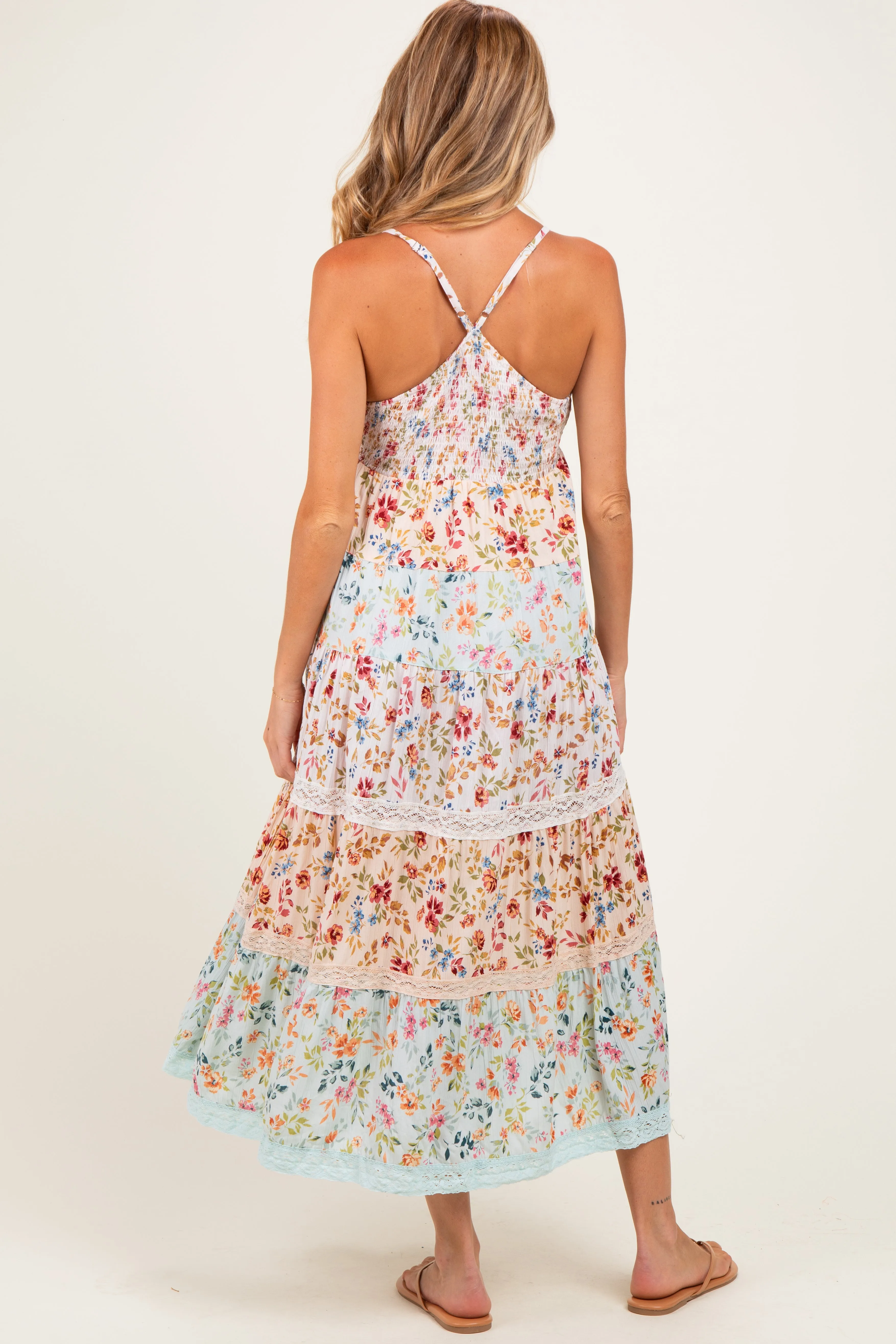 Multicolor Floral Colorblock Tiered Lace Trim Maternity Midi Dress sold by Pinkblush product image thumbnail 3