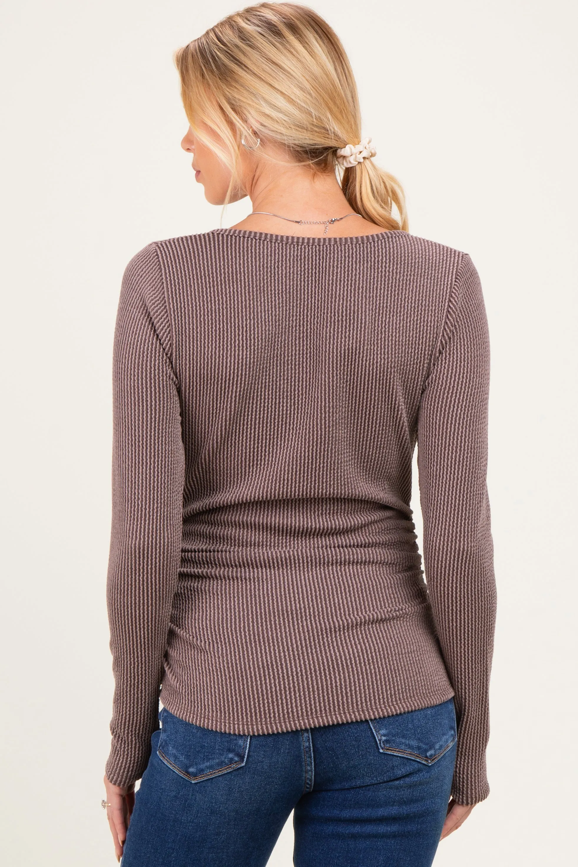 Brown Ribbed V-Neck Long Sleeve Maternity Top sold by Pinkblush product image thumbnail 4