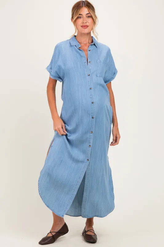 Light Blue Chambray Button Down Maternity Shirt Dress made by Bluivy