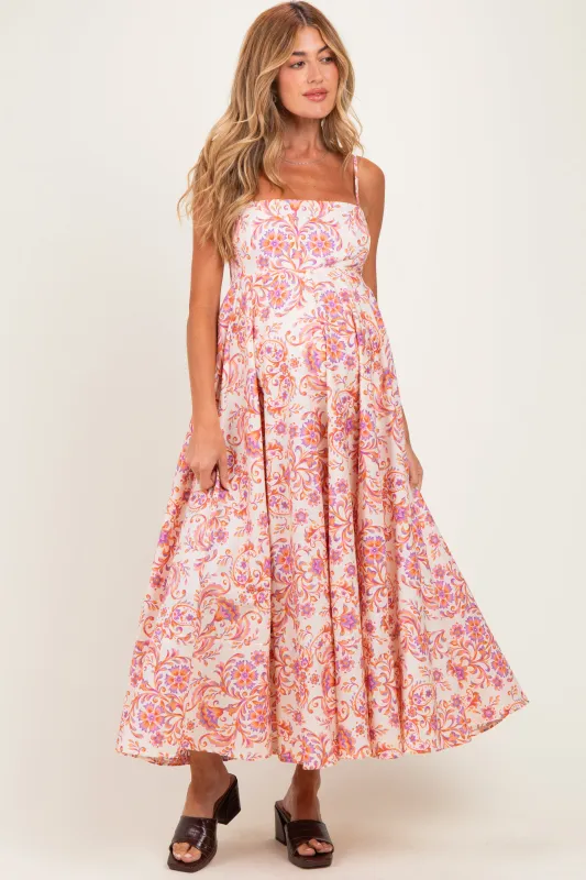 Cream Apricot Floral Sleeveless Maternity Maxi Dress made by Olivaceous