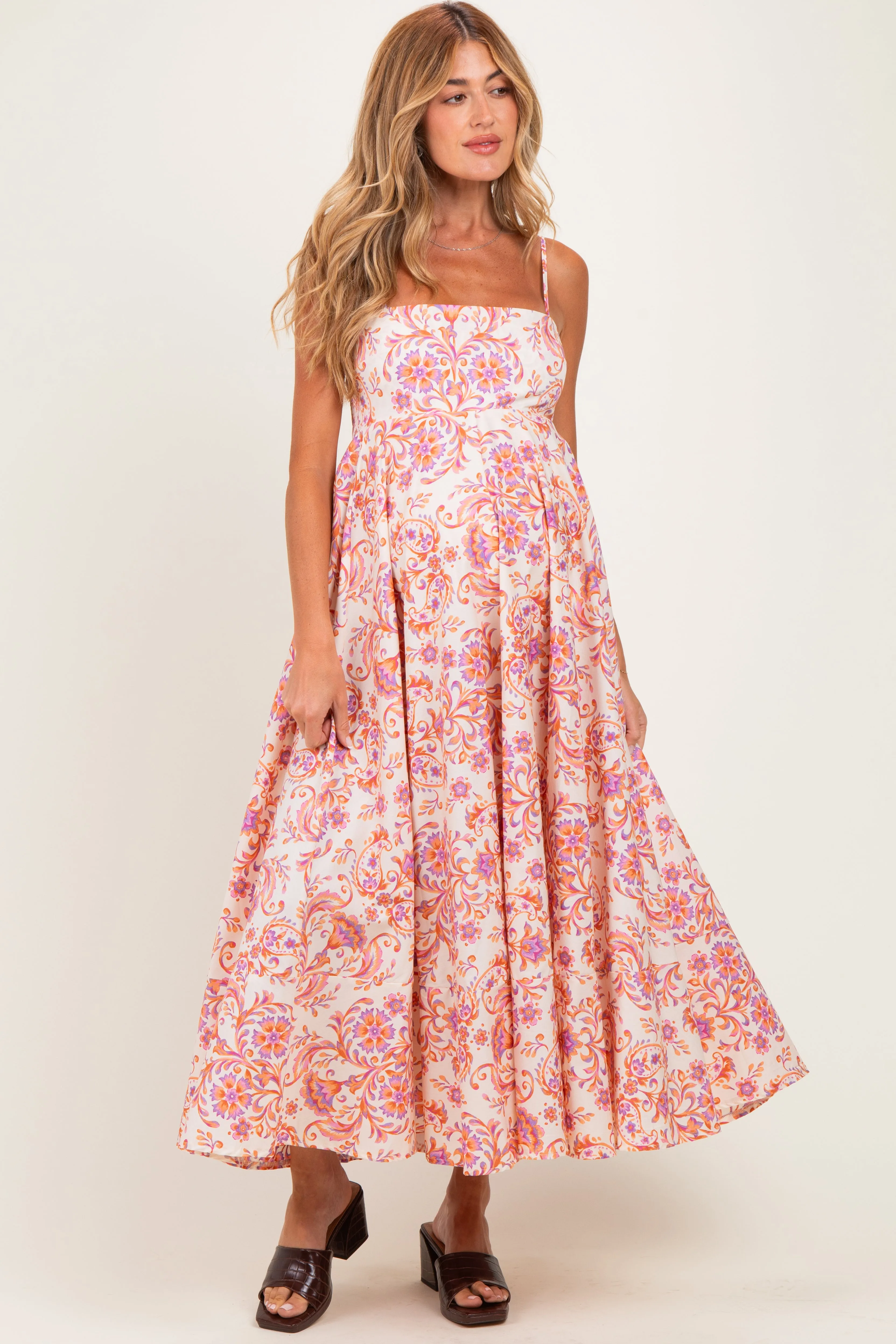 Cream Apricot Floral Sleeveless Maternity Maxi Dress sold by Pinkblush