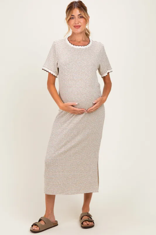 Cream Striped Knit Scallop Accent Maternity Maxi Dress made by Polagram
