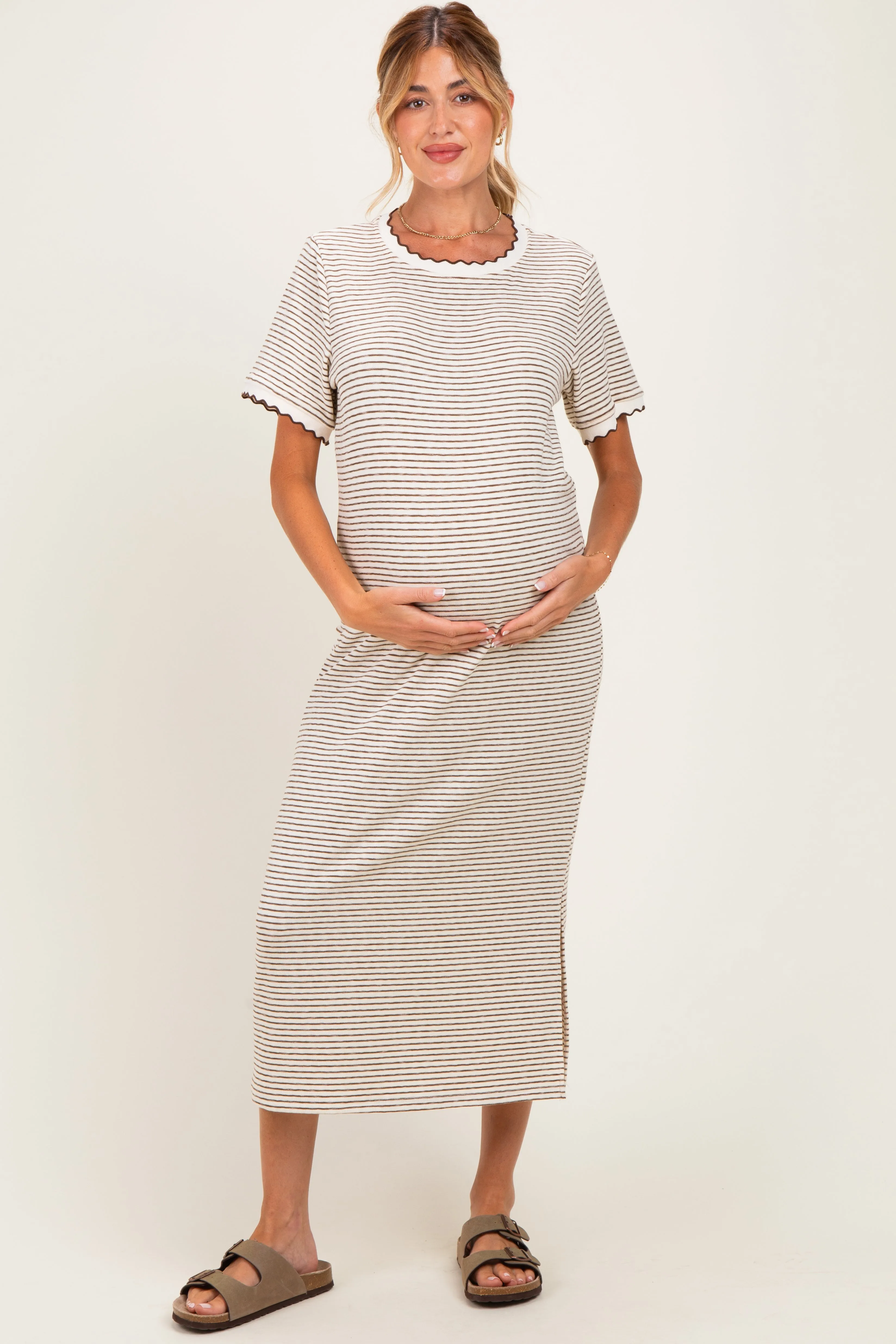 Cream Striped Knit Scallop Accent Maternity Maxi Dress sold by Pinkblush