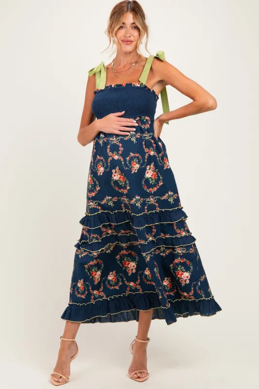 Navy Floral Smocked Shoulder Tie Tiered Maternity Maxi Dress made by Listicle