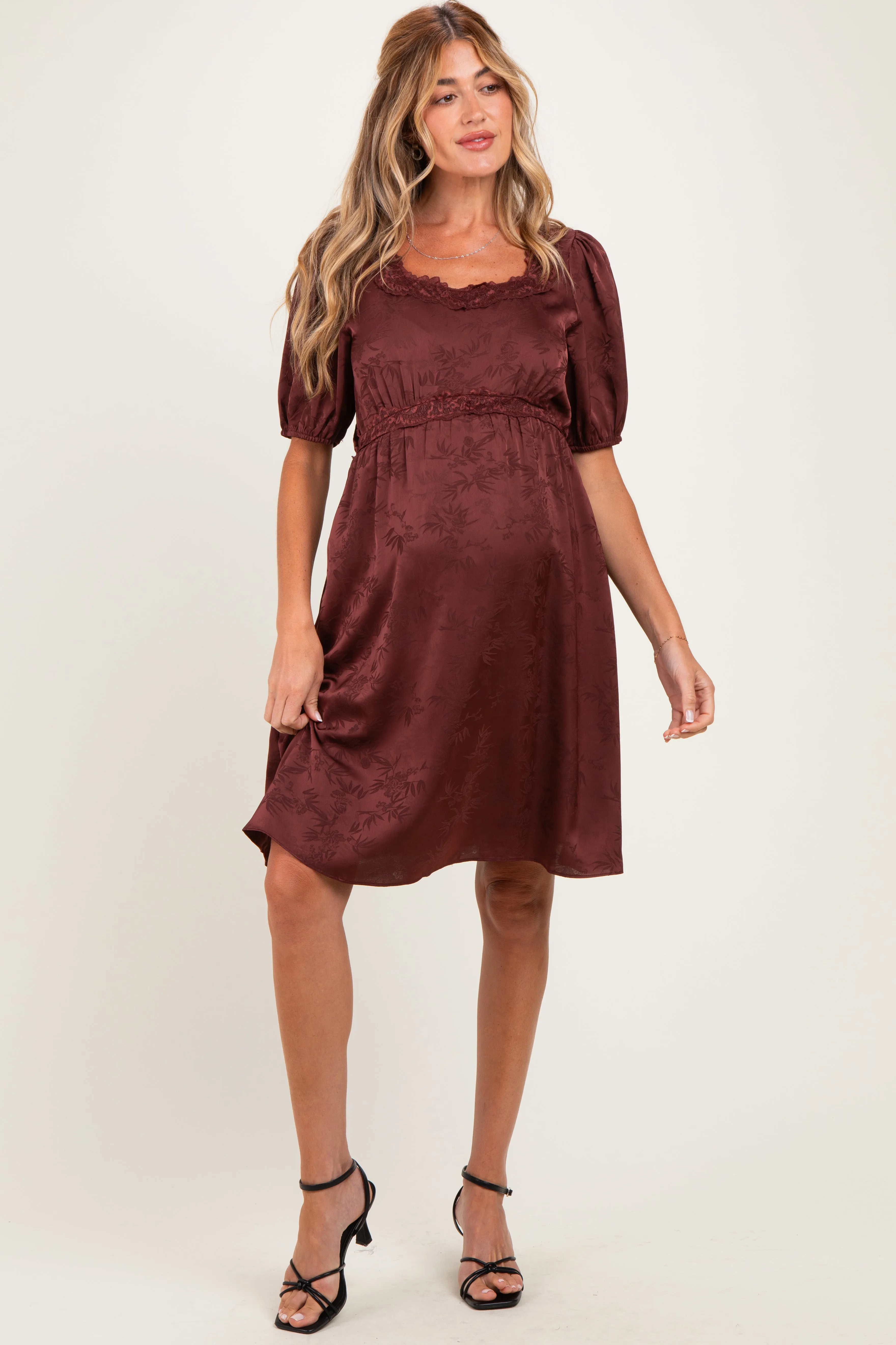 Brown Short Sleeve Lace Trim Maternity Dress sold by Pinkblush product image thumbnail 2