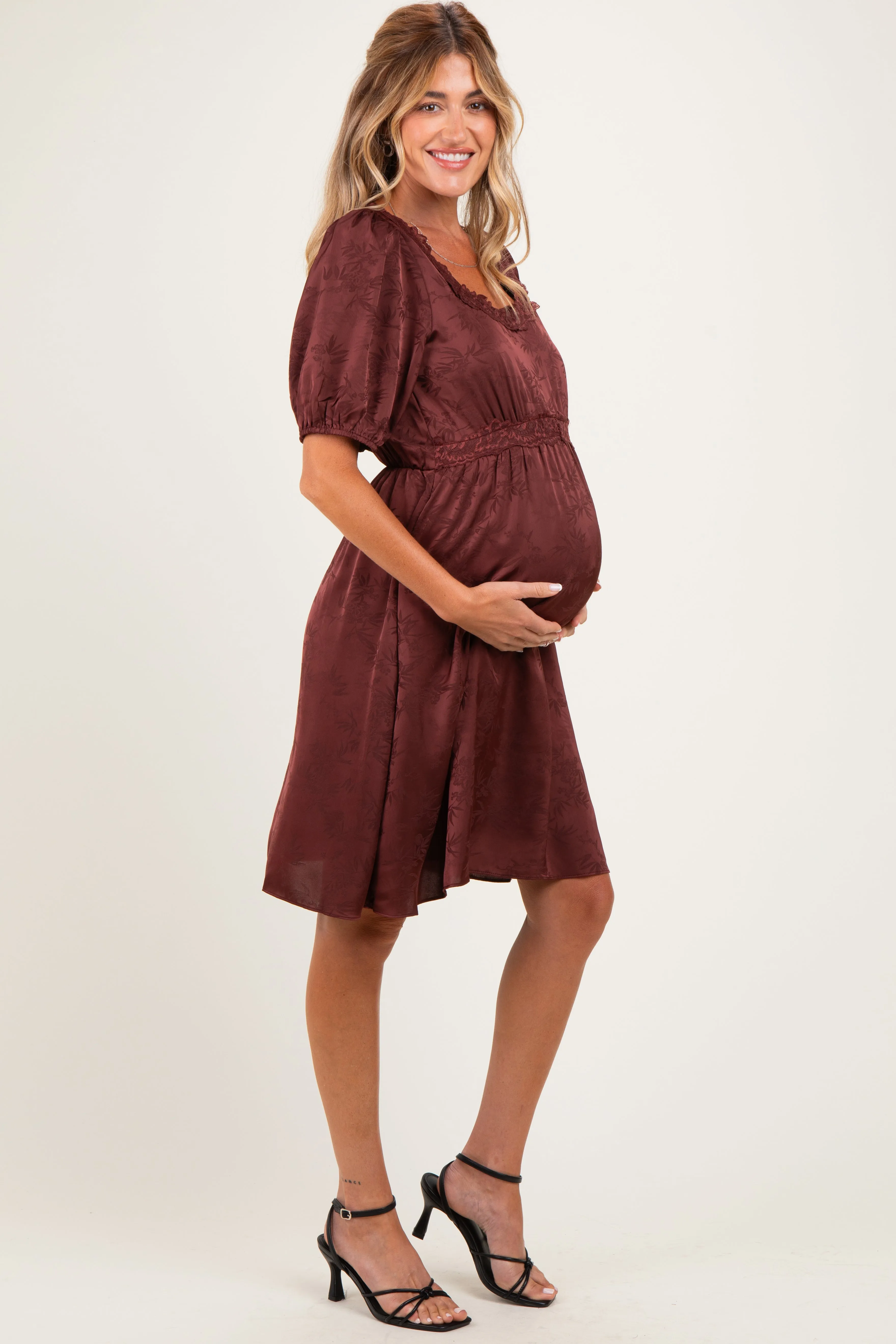 Brown Short Sleeve Lace Trim Maternity Dress sold by Pinkblush product image thumbnail 3