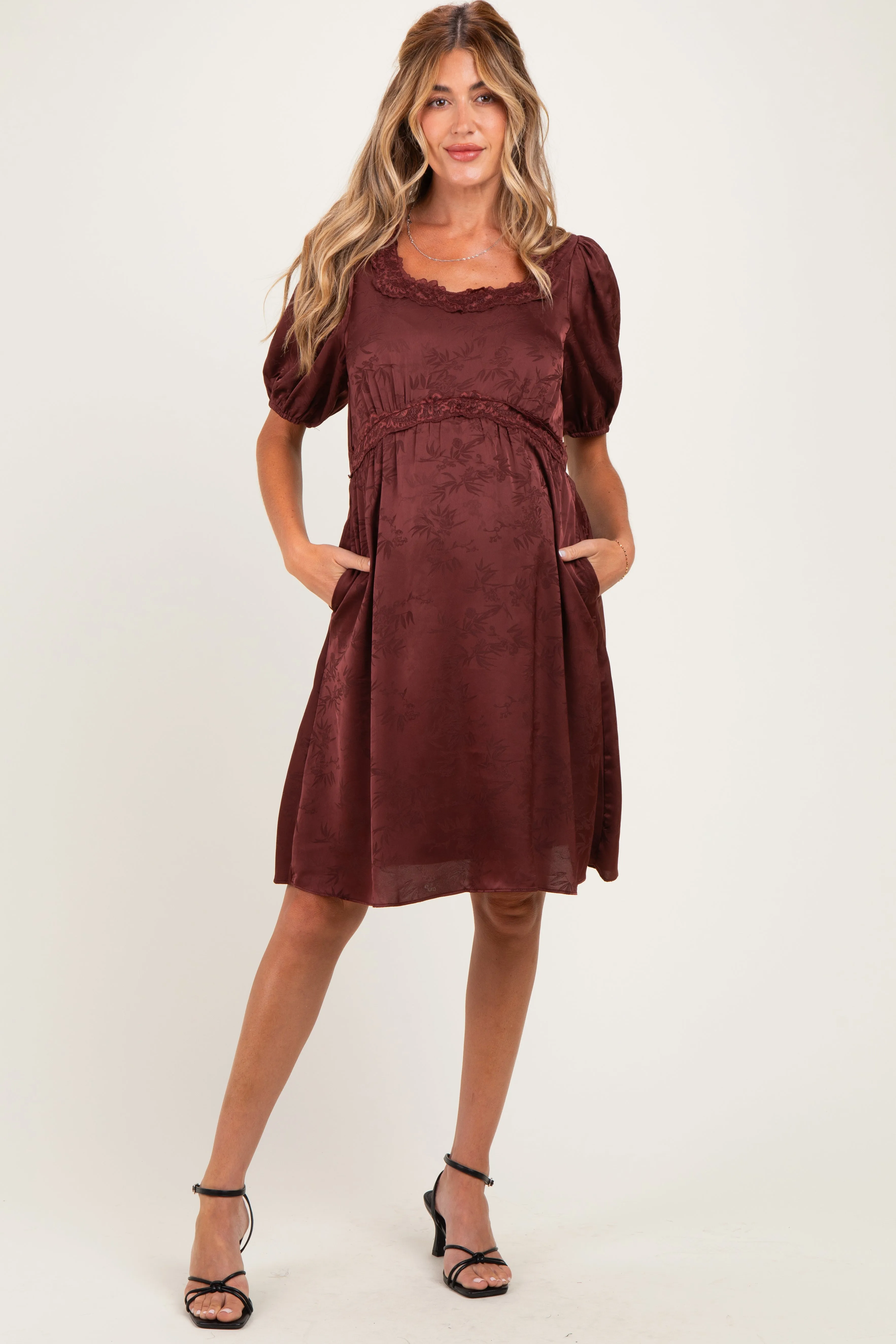 Brown Short Sleeve Lace Trim Maternity Dress sold by Pinkblush