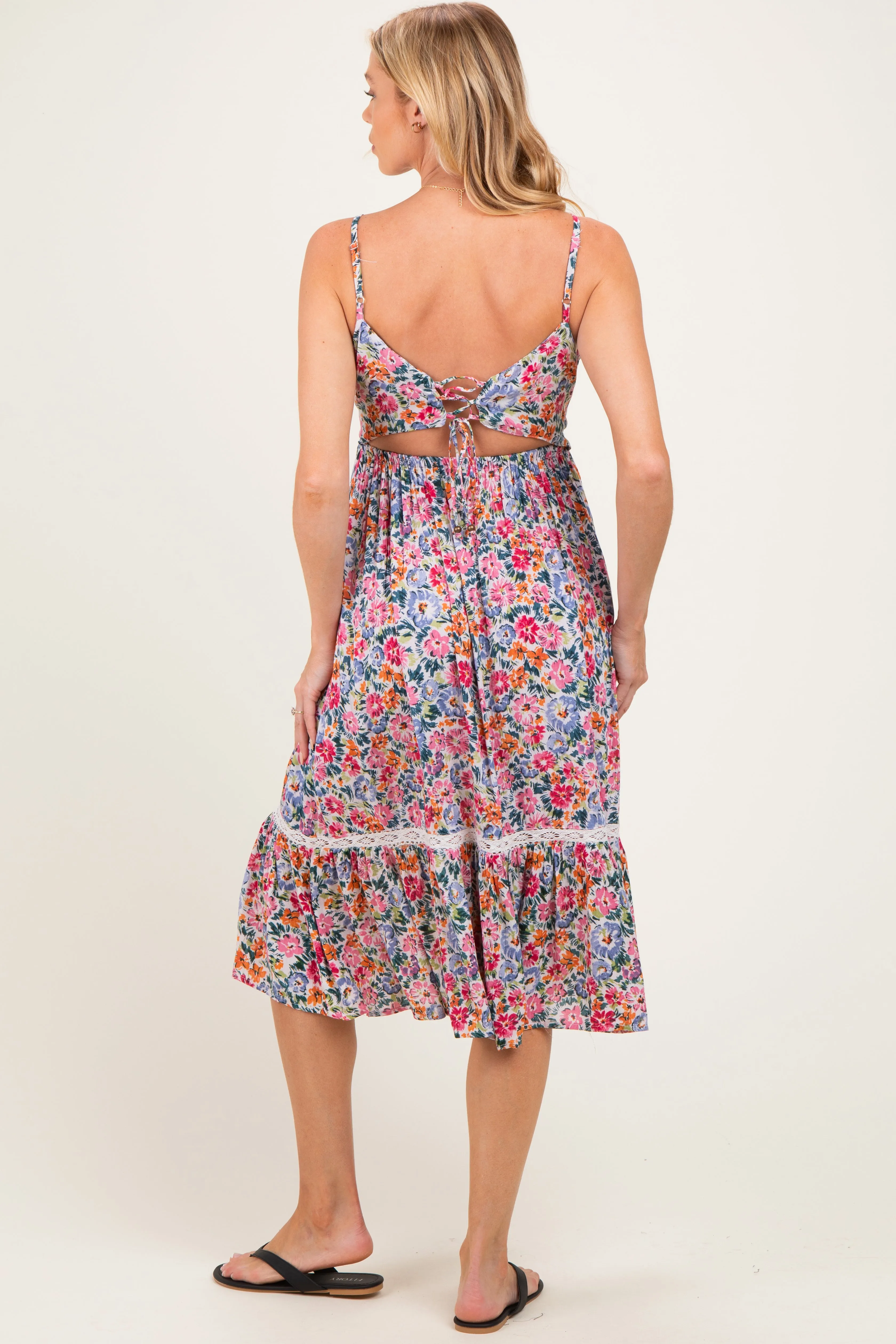 Ivory Floral Lace Up Cutout Maternity Midi Dress sold by Pinkblush product image thumbnail 4