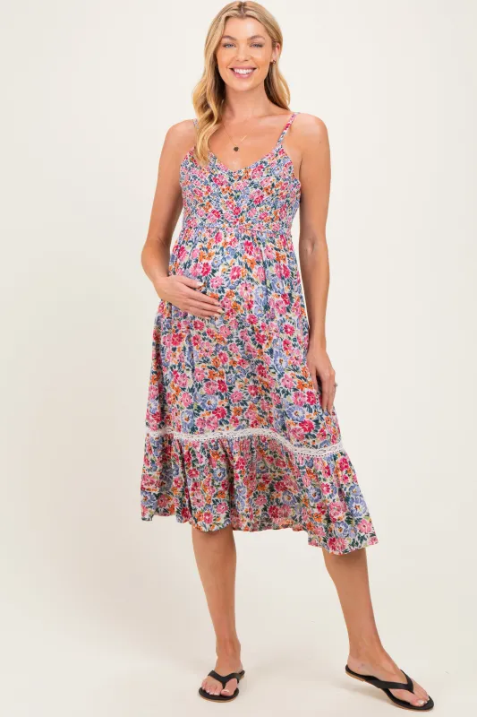 Ivory Floral Lace Up Cutout Maternity Midi Dress made by Angie