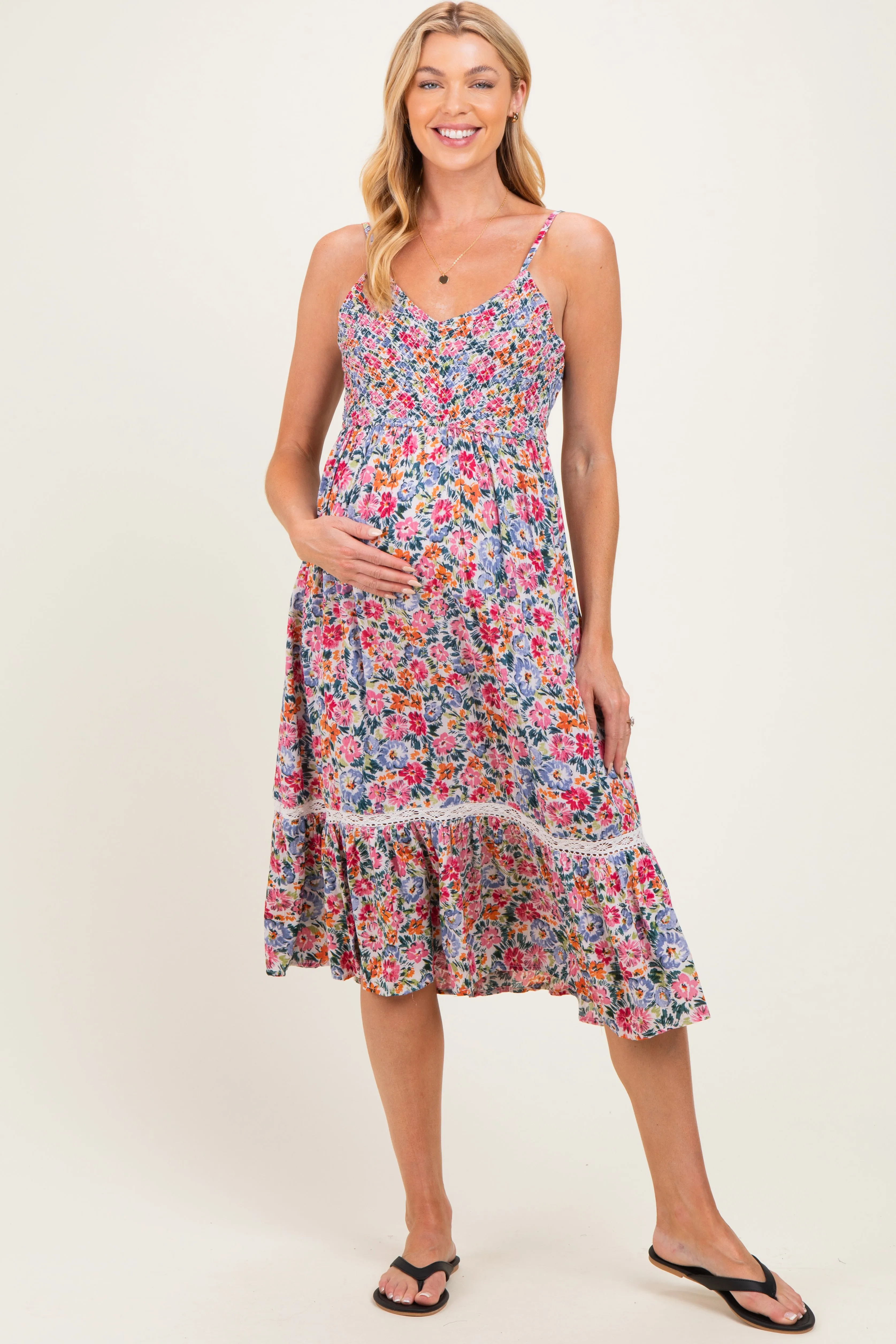 Ivory Floral Lace Up Cutout Maternity Midi Dress sold by Pinkblush