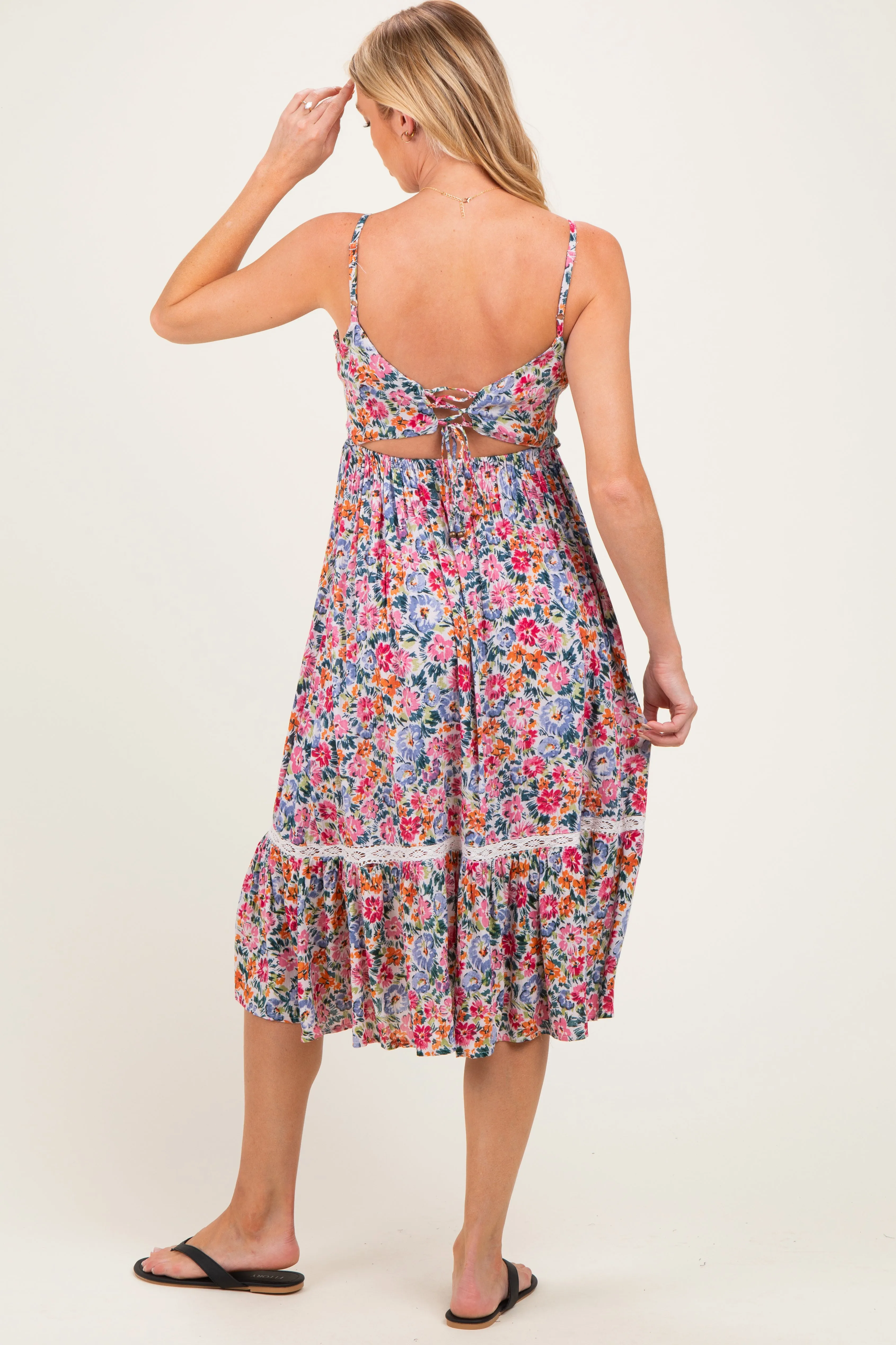 Ivory Floral Lace Up Cutout Maternity Midi Dress sold by Pinkblush product image thumbnail 3