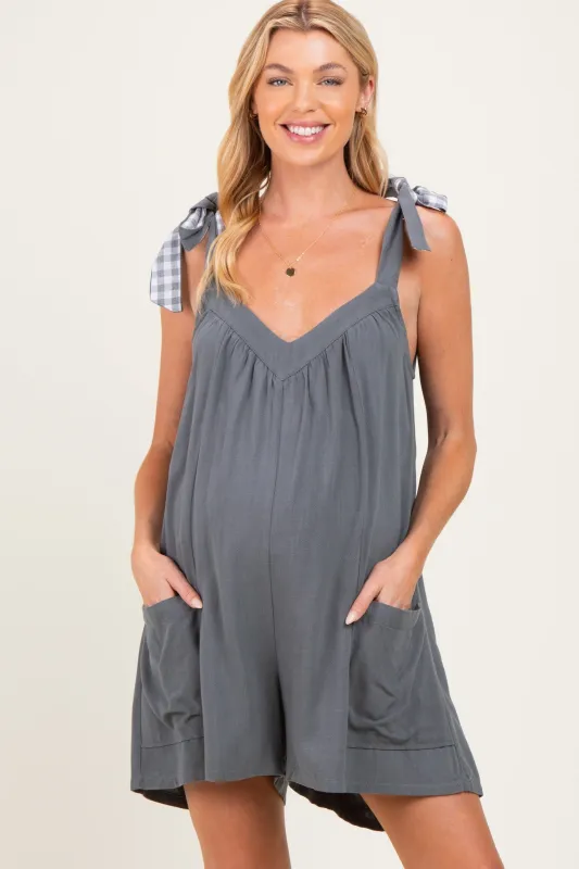 Charcoal Gingham Shoulder Strap Maternity Romper made by AnnieWear