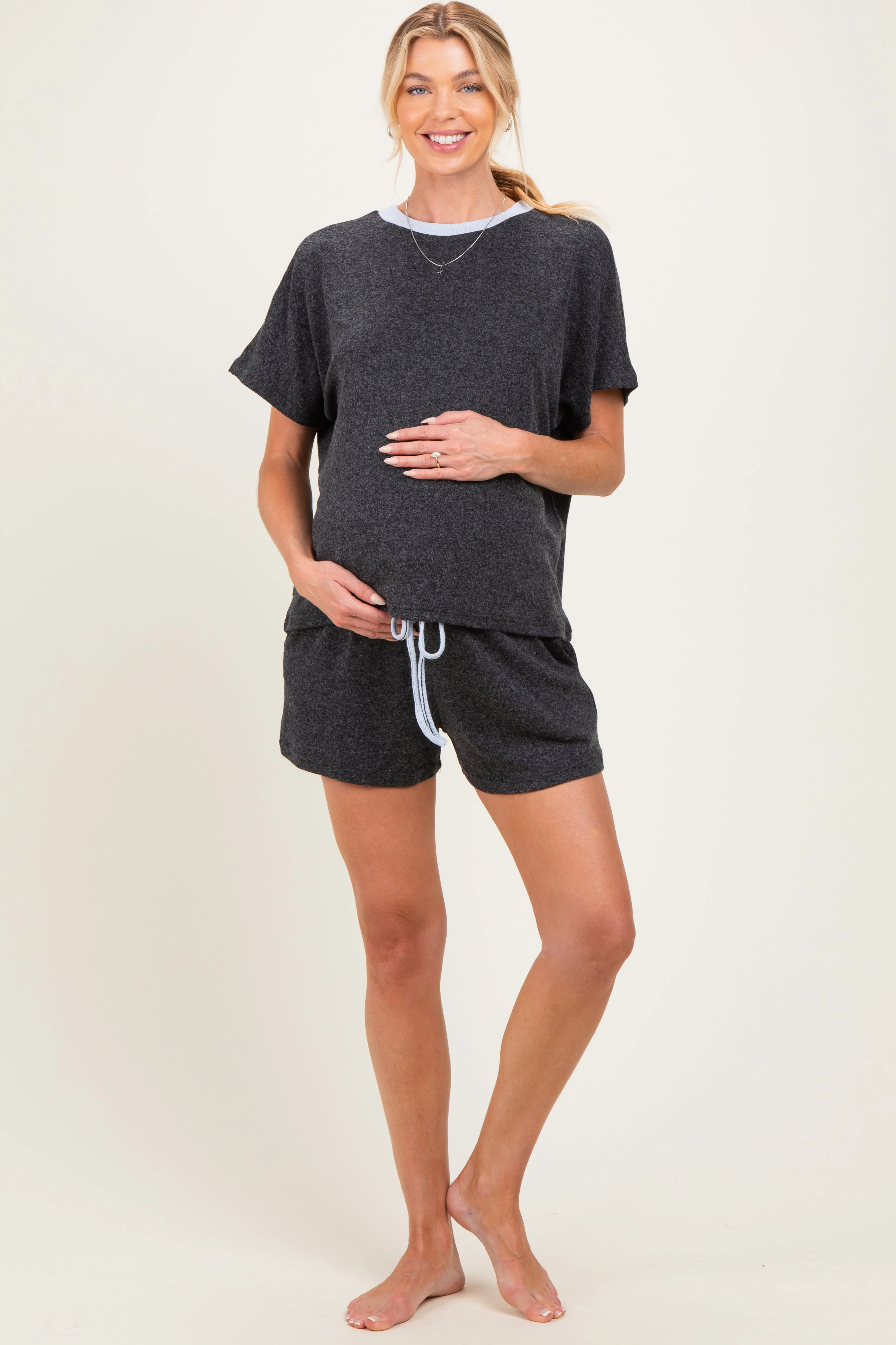Charcoal Melange Knit Short Sleeve Top Shorts Maternity Set sold by Pinkblush product image thumbnail 2