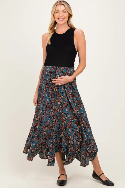 Black Floral Ruffle Hem Maternity Maxi Skirt made by Angie