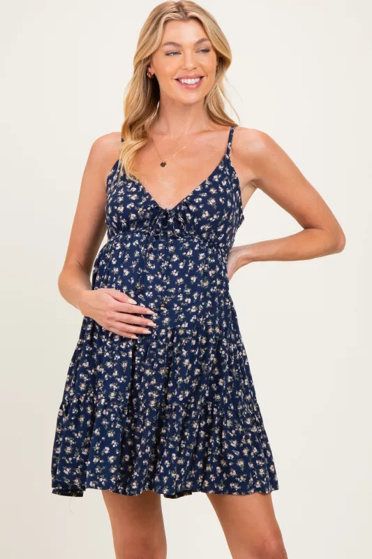 Navy Floral Front Tie Maternity Mini Dress made by Angie