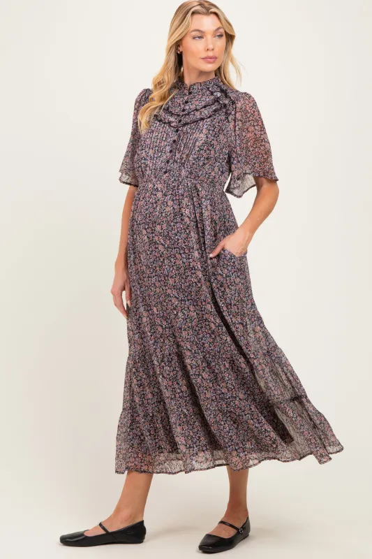 Midnight Ruffle Floral Print Maternity Maxi Dress made by Inloom