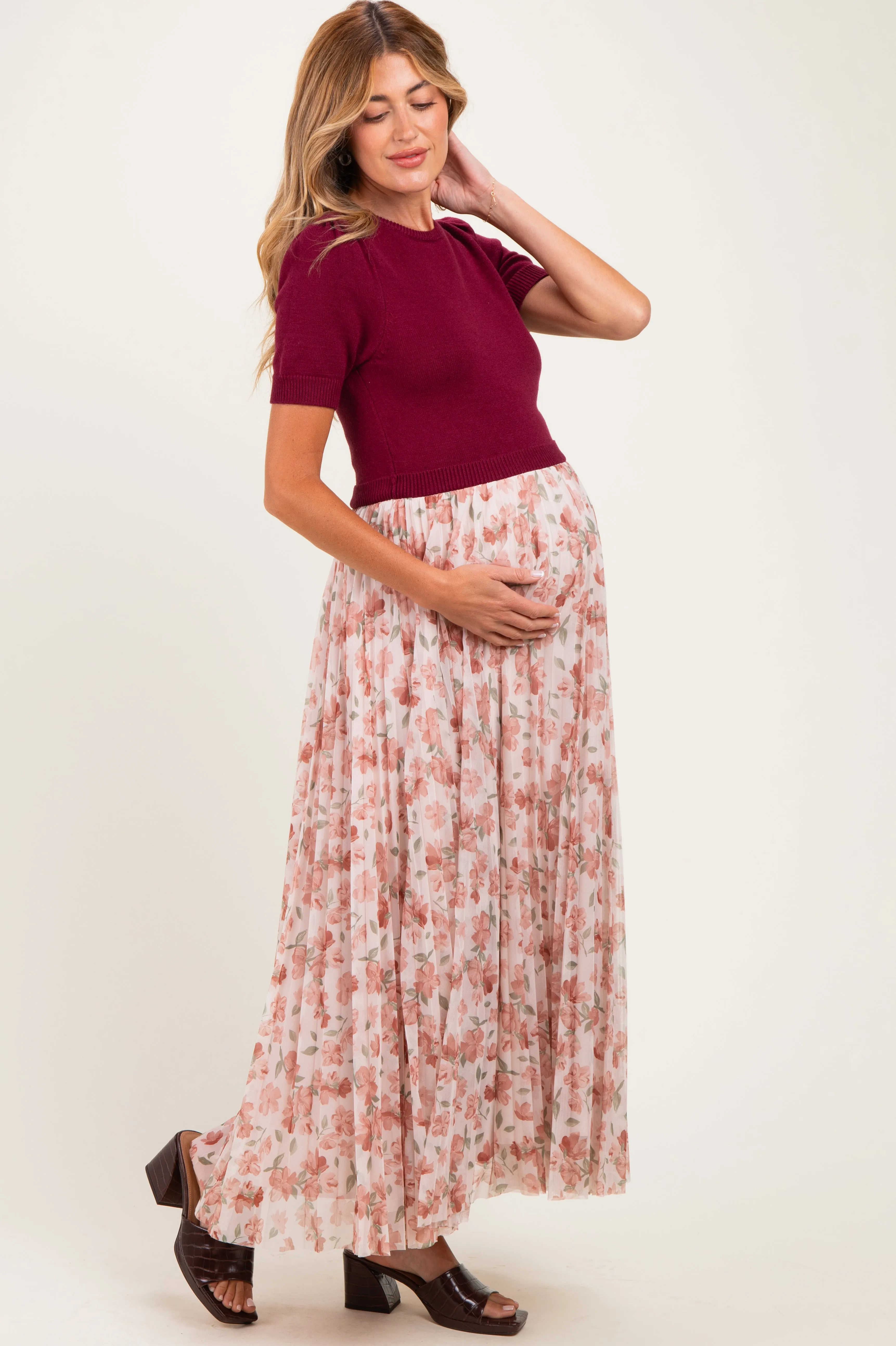 Burgundy Knit Top Pleated Floral Skirt Maternity Maxi Dress sold by Pinkblush product image thumbnail 2