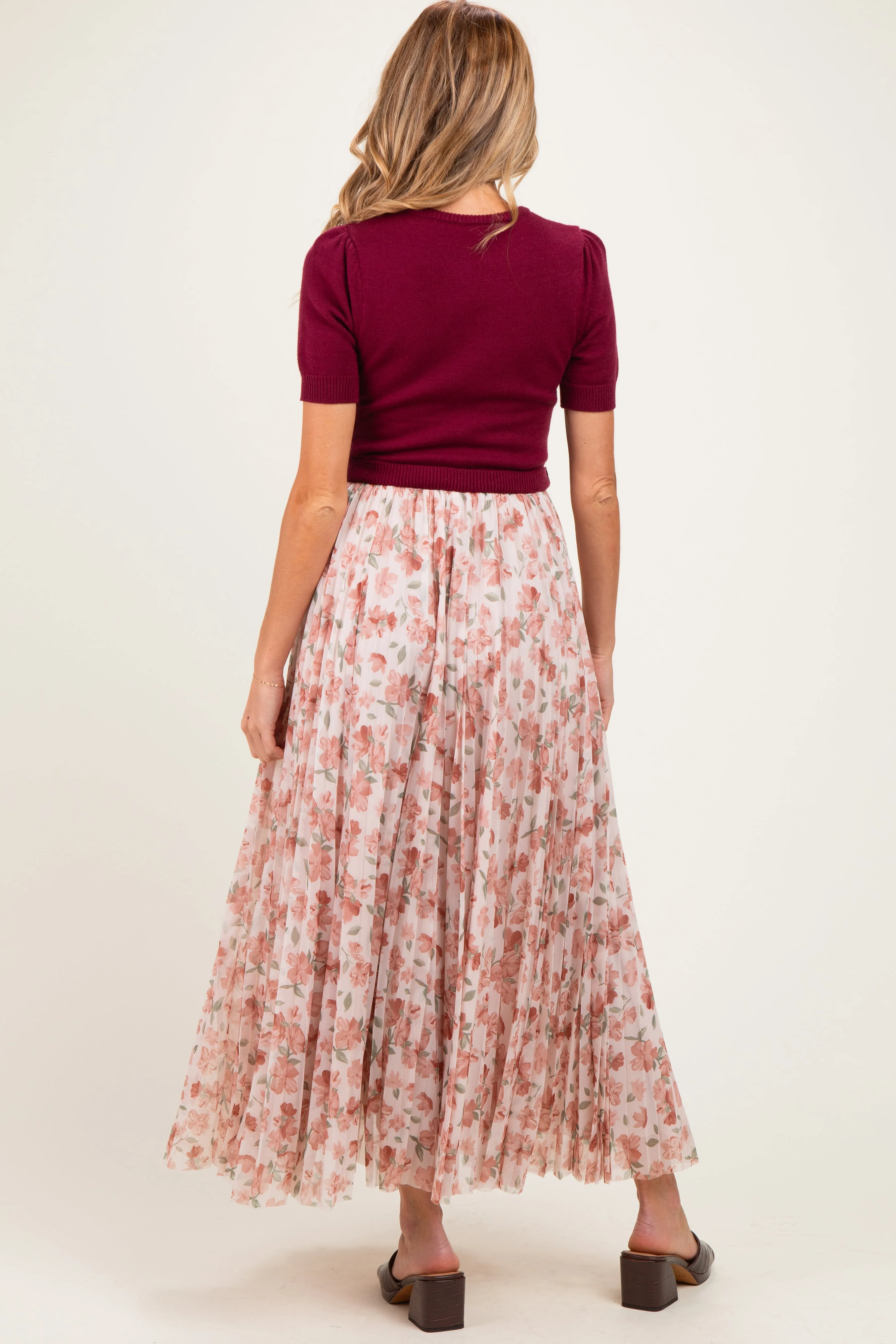 Burgundy Knit Top Pleated Floral Skirt Maternity Maxi Dress sold by Pinkblush product image thumbnail 3