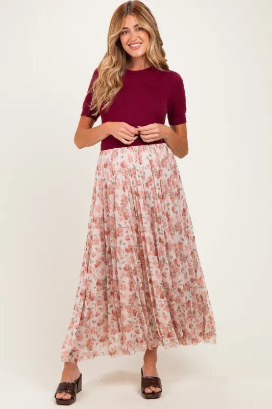 Burgundy Knit Top Pleated Floral Skirt Maternity Maxi Dress made by In February