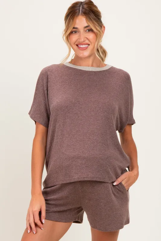 Brown Melange Knit Short Sleeve Top Shorts Maternity Set made by AnnieWear