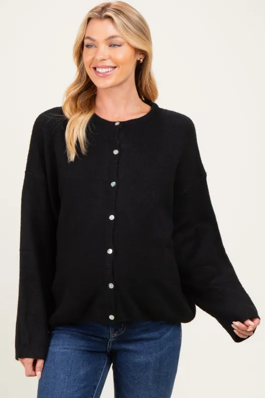 Black Classic Crew Neck Maternity Button Cardigan made by Le Lis