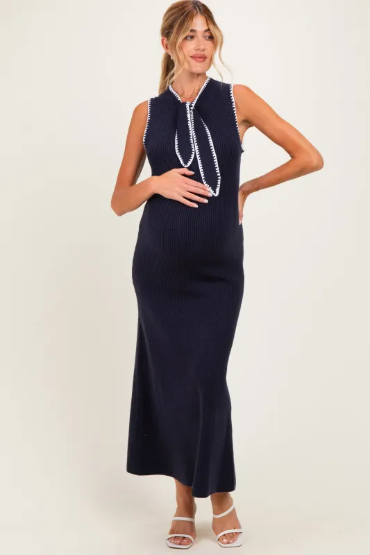 Navy Bow Knit Maternity Maxi Dress made by Able