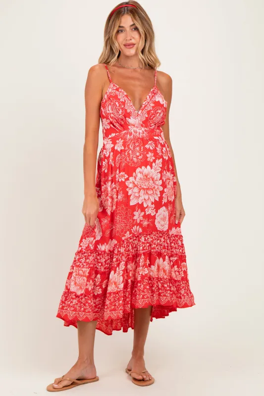 Strawberry Floral V-Neck Tiered Hem Maternity Midi Dress made by Angie