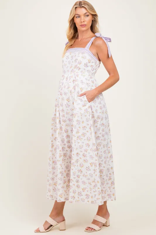 Lavender Floral Striped Shoulder Tie Maternity Maxi Dress made by Hem & Thread