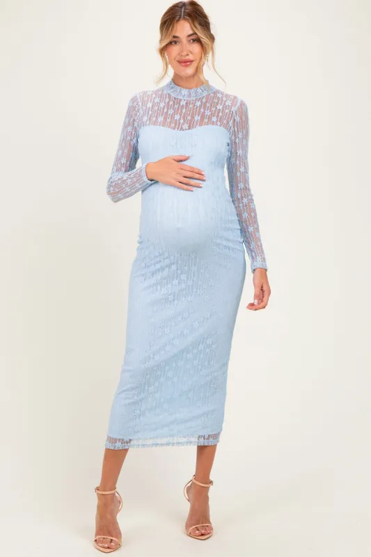 Light Blue Lace Mock Neck Long Sleeve Maternity Maxi Dress made by Pinkblush