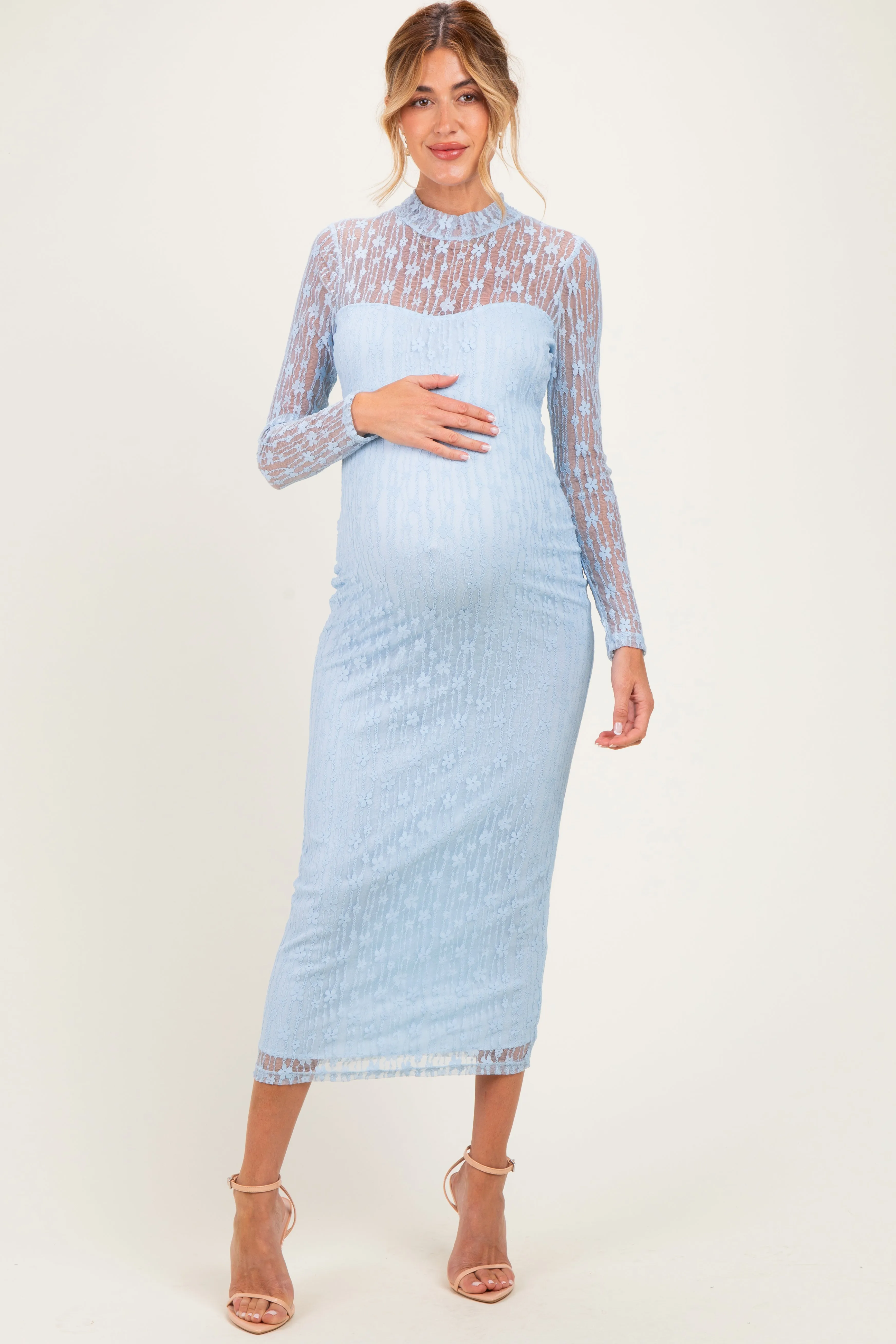 Light Blue Lace Mock Neck Long Sleeve Maternity Maxi Dress sold by Pinkblush