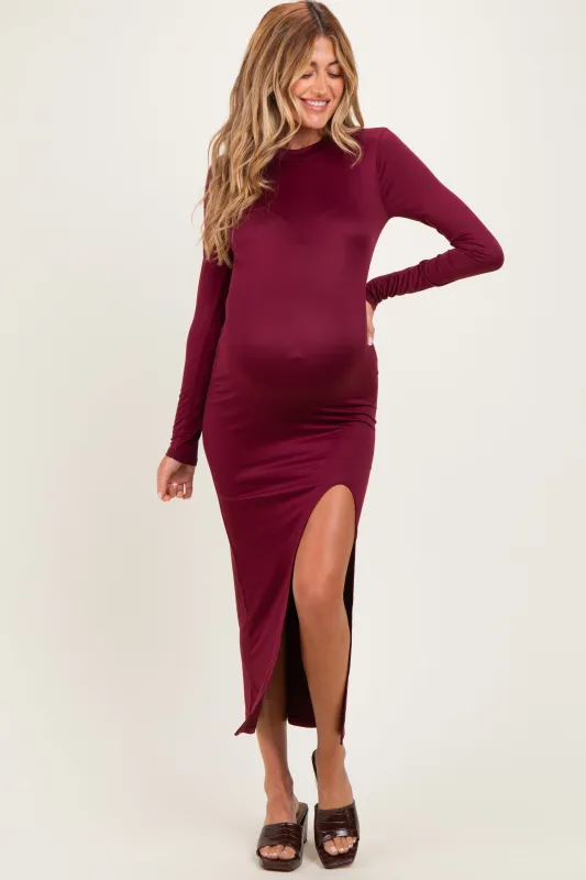 Burgundy Mock Neck Front Slit Long Sleeve Maternity Maxi Dress made by Pinkblush