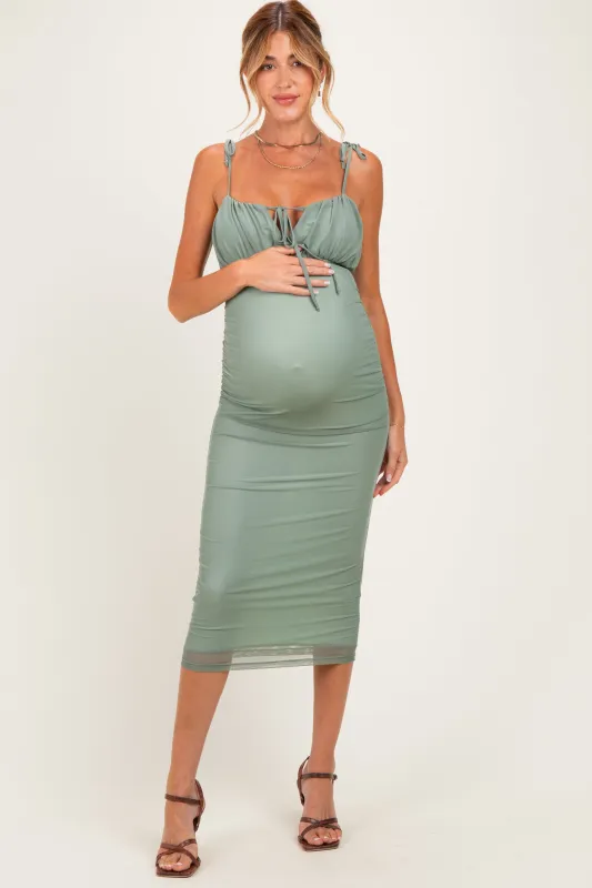 Sage Sleeveless Ruched Bust Maternity Midi Dress made by Pinkblush