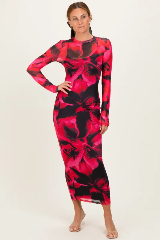 Red Abstract Print Mesh Overlay Maxi Dress made by Pinkblush