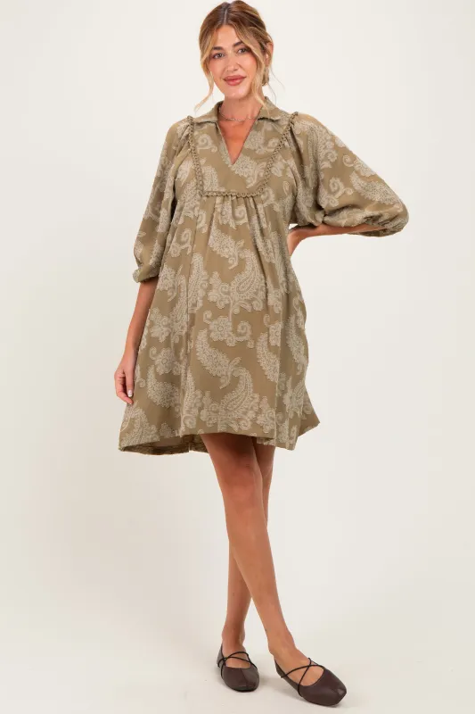 Light Olive Paisley Puff Sleeve Maternity Dress made by Umgee