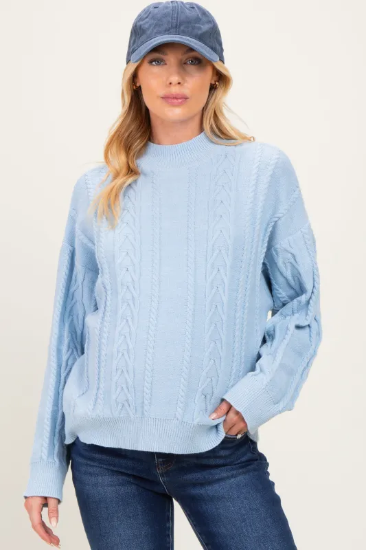 Light Blue Oversized Cable Knit Maternity Sweater made by Le Lis