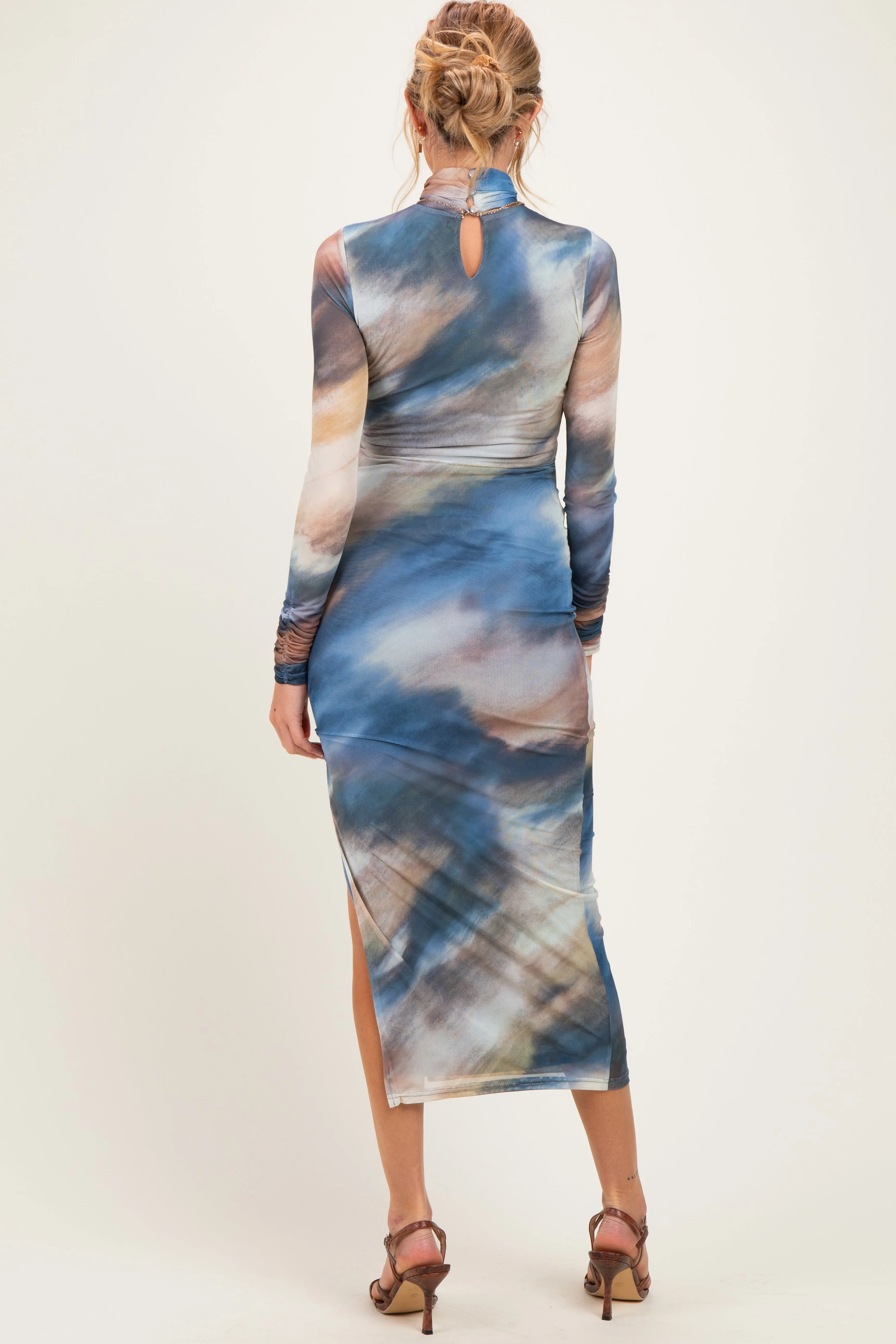 Multicolor Mesh Printed Mock Neck Long Sleeve Maternity Dress sold by Pinkblush product image thumbnail 3