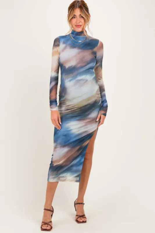 Multicolor Mesh Printed Mock Neck Long Sleeve Maternity Dress made by Fore Collection