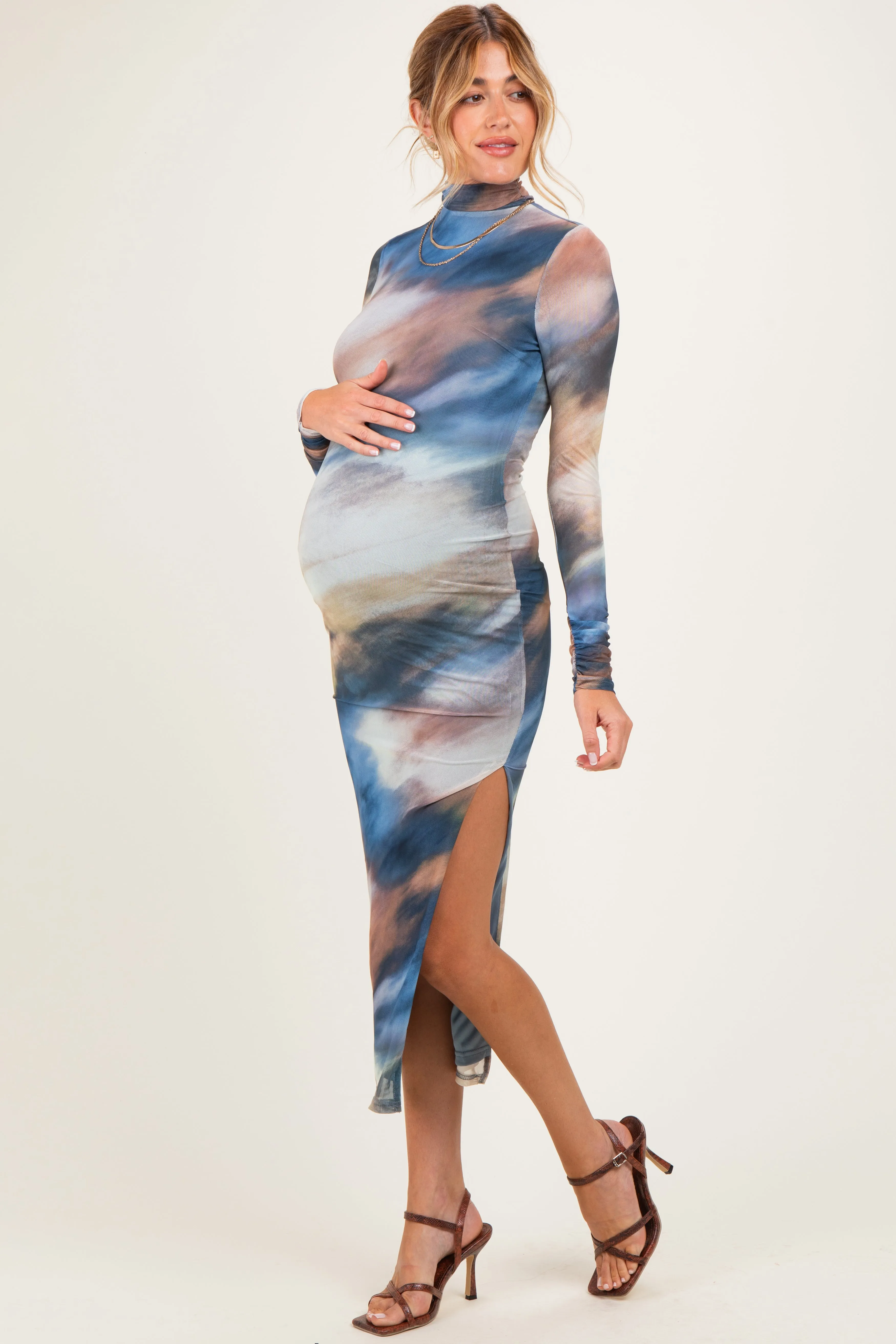 Multicolor Mesh Printed Mock Neck Long Sleeve Maternity Dress sold by Pinkblush product image thumbnail 2
