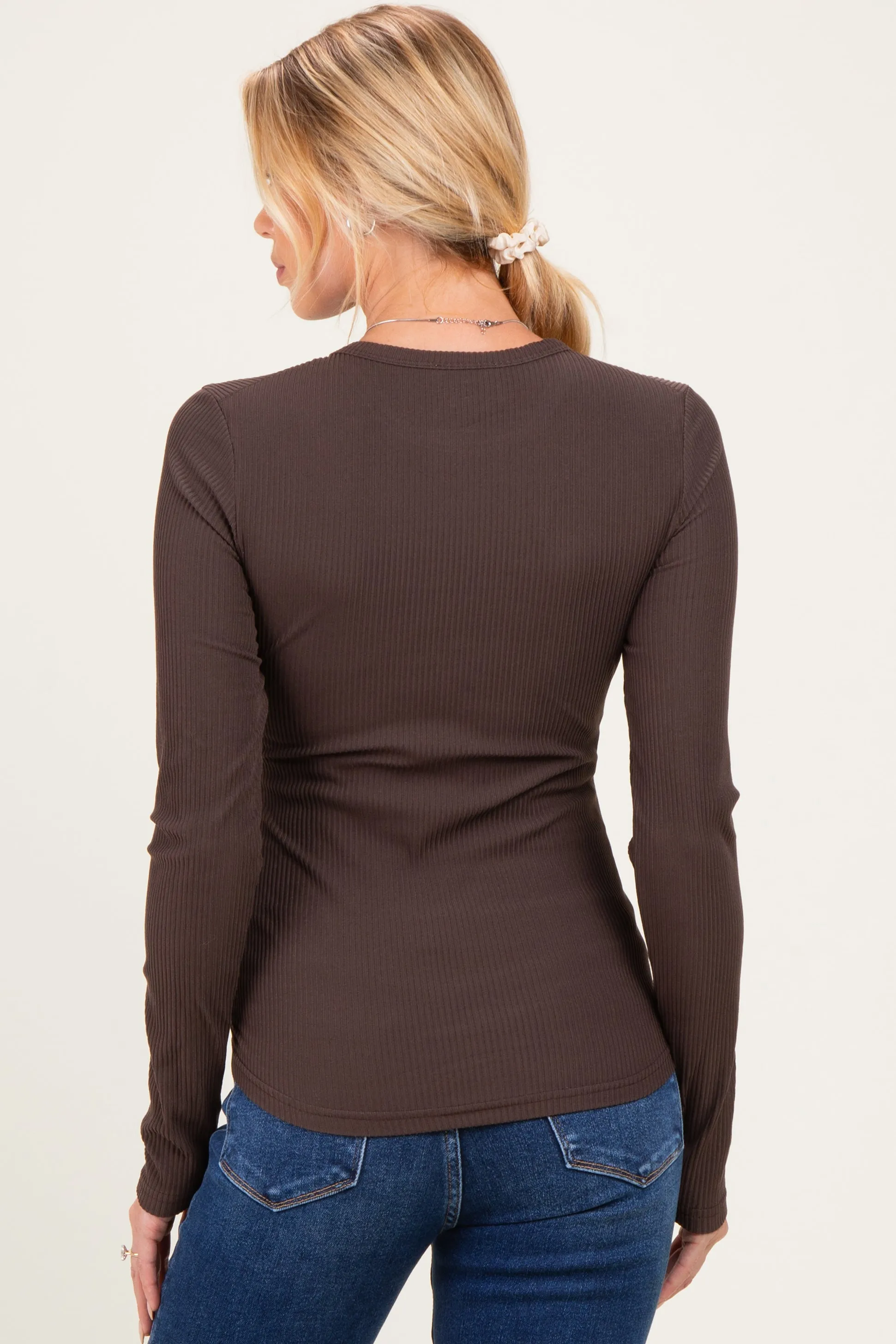 Brown Brushed Rib Knit Maternity Long Sleeve Top sold by Pinkblush product image thumbnail 4